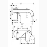 Baterie Lavoar Perete Hansgrohe Vernis Blend Finisaj Crom Pipa 205mm – schita tehnica, desen tehnic cu dimensiuni baterie lavoar perete