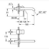 Baterie Lavoar Perete Grohe Essence Finisaj Negru Mat Pipa 183 mm – schita tehnica, desen tehnic cu dimensiuni si unghiuri montaj perete