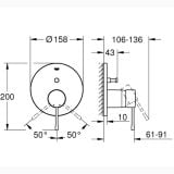 Baterie Incastrata Cada Dus Grohe Essence 2 Iesiri Finisaj Negru Mat – schita tehnica, desen tehnic cu dimensiuni si unghiuri montaj