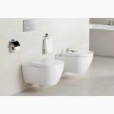 Vas WC Suspendat Emma Rounded Gala + Capac Soft Close Finisaj Alb Lucios – ambient baie, baie moderna alba cu vas wc suspendat si bideu, pe perete