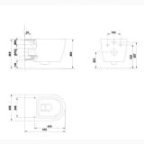 Vas WC Suspendat Rimless Coral Gala + Capac Slim Soft Close Finisaj Alb Lucios – schita tehnica, desen tehnic cu dimensiuni vas WC suspendat