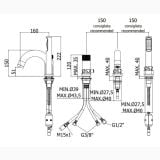 Baterie Cada Dus cu Deviator Complet Paffoni Jo Crom – schita tehnica, desen tehnic cu dimensiuni pentru baterie si accesorii