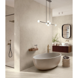 Gresie Portelanata Sensoria HSO 11 Naturale 60x120 cm – ambient baie, baie moderna cu cada freestanding si pereti gresie bej, pe pardoseala si perete