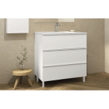 Mobilier Baie Pe Prdoseala Shona Cu 3 Sertare Alb Mat 60x46x85 cm – ambient baie, mobilier baie alb cu trei sertare, oglinda si taburet lemn, pe pardoseala