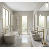 Baterie Stativa Lavoar Inalta FDesign Flusso Auriu Lucios – ambient baie, baie moderna cu cada freestanding si baterii aurii, pe pardoseala si perete