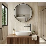 Baterie stativa lavoar inalta FDesign Zaffiro Gun Metal – ambient baie, baterie neagra pe blat lemn cu lavoar oval, pe perete