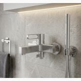 Baterie perete cada/dus FDesign Zaffiro Gun Metal – ambient baie, baterie inox montata pe perete gresie gri