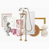 Baterie cada freestanding FDesign Lacrima Bronz Periat – colaj cu bust, tablouri, baterie aurie si accesorii decorative