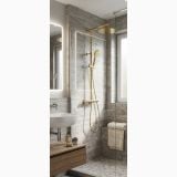 Coloana de Dus FDesign Anima cu Baterie Termostatata Auriu Lucios – ambient baie, coloana dus aurie in baie cu perete travertin