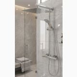 Coloana Dus cu Termostat Crom Lucios FDesign Anima Quadro – ambient baie, coloana dus crom in cabina cu pereti marmura, pe perete