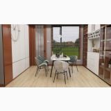 Parchet SPC Itiles BLOND STEJAR 1220 x 182 x 6 mm – ambient living, living cu masa moderna, scaune si dulap portocaliu, pe pardoseala