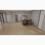 Parchet SPC Itiles ROVERE SCURO 1220 x 182 x 6 mm – ambient living, living cu masa scaune si parchet deschis la culoare, pe pardoseala