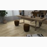 Parchet SPC Itiles RUSTIC BROWN 1220 x 182 x 6 mm – ambient living, birou cu masa lemn, pufuri maro si parchet deschis, pe pardoseala