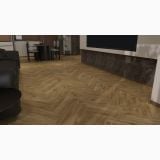 Parchet SPC Itiles CHATEAU HERRINGBONE 610 x 128 x 6 mm – ambient living, living cu canapea neagra si parchet in herringbone, pe pardoseala