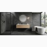 Gresie Portelanata HNS 08 Antracite 120x120 cm – ambient baie, baie moderna gri antracit cu cada freestanding si dus, pe pardoseala si perete