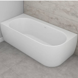 Cadă freestanding BTW SCORPIUS LITE L dreapta – ambient baie, cada alba colt langa perete marmura gri, pe pardoseala