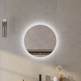 Oglinda Led Rotunda Ø60 cm 6500K – ambient baie, oglinda rotunda iluminata montata pe perete gresie bej