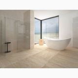 Cada Freestanding Ovala Serena 175x77 cm – ambient baie, baie moderna cu cada freestanding ovala si vedere plaja