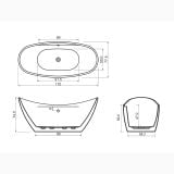 Cada Freestanding Ovala Serena 175x77 cm – schita tehnica, desen tehnic cu dimensiuni vedere de sus si lateral