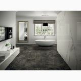 Gresie HBO 8 Noisette Lucios 120x120 cm – ambient baie, baie eleganta cu cada ovala si pardoseala gresie maro