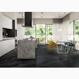 Gresie Shale Dark Mat 60x120 cm – ambient bucatarie, bucatarie moderna cu insula marmorata si pardoseala gresie neagra