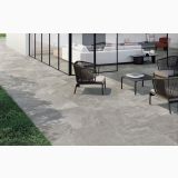 Gresie de exterior Shale Greige Antislip 60x120x2 cm – ambient terasa, terasa exterioara cu canapea, fotolii si masuta, pe pardoseala