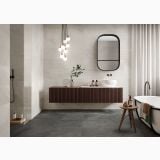 Faianta Shale Moon Ribbed Mat 60x120 cm – ambient baie, baie moderna cu cada freestanding si mobilier suspendat, pe perete