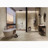Gresie Shale Sand Mat 60x120 cm – ambient baie, baie moderna cu cada freestanding si dus vitrat, pe pardoseala si perete