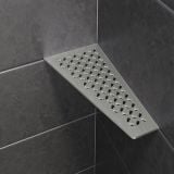 Raft de colt Schluter Shelf E S3 Floral 29.5x15.4 cm – ambient baie, raft metalic perforat montat in colt dus, gresie gri, pe perete