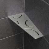 Raft de colt Schluter Shelf E S3 Curve 29.5x15.4 cm – detaliu, raft colt inox montat pe faianta gri antracit