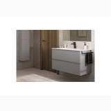 Mobilier Baie Suspendat Shona Cu 2 Sertare Alb Mat 60x46x56.5 cm – ambient baie, mobilier suspendat gri cu blat alb si lavoar, pe perete