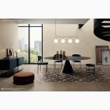 Gresie Silver Grain Beige Mat 80x80 cm – ambient living, living modern cu masa ovala, scaune verzi, pardoseala gresie, pe pardoseala si perete