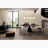 Gresie Silver Grain Beige mat 30x60 cm – ambient living, living cu masa ovala, scaune albastre si covor geometric, pe pardoseala si perete