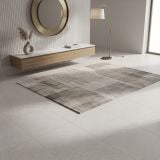 Gresie Silver Grain White mat 60x60 cm – ambient hol, hol cu covor, comoda suspendata, oglinda rotunda si lampadar, pe pardoseala