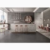 Gresie de exterior Silver Grain Dark Antislip 60x60x2 cm – ambient comercial, bar modern cu pardoseala gri, scaune roz si perete gresie