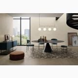 Gresie de exterior Silver Grain Taupe Antislip 60x60x2 cm – ambient living, living modern cu masa ovala si scaun catifea albastru, pe pardoseala