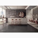 Gresie Silver Grain Dark mat 30x60 cm – ambient comercial, cafenea moderna cu bar de piatra si scaune roz, pe pardoseala si perete