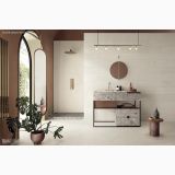 Gresie Silver Grain White mat 80x80 cm – ambient baie, baie moderna cu dus, oglinda rotunda si plante, pe pardoseala si perete