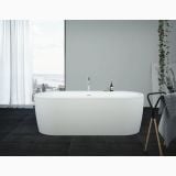 Cada Freestanding Aquaestil Slim Central 80x180 cm – ambient baie, cada freestanding alba in baie moderna cu gresie neagra, pe pardoseala