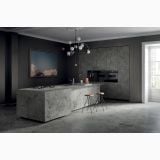 Gresie Atlantis Smoke Mat 60x60 cm – ambient bucatarie, bucatarie moderna cu insula si mobilier gresie efect marmura, pe pardoseala si perete