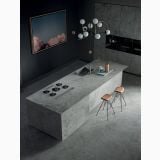 Gresie Atlantis Smoke Mat 60x60 cm – ambient bucatarie, bucatarie moderna cu insula mare din gresie gri, pe pardoseala