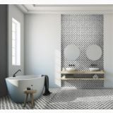 Gresie Decorata Albori 20x20 cm – ambient baie, baie alba cu cada freestanding si gresie decorata, pe pardoseala si perete