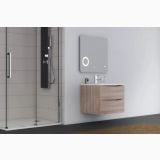 Oglinda Led Gilli 70x80 cm – ambient baie, baie moderna cu cabina dus si mobilier suspendat lemn, pe perete