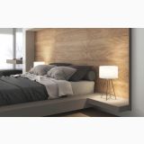 Gresie Imitatie Lemn St Regis SR 11 Giallo Dorato 20x120 cm – ambient dormitor, dormitor modern cu perete lemn si veioze aprinse