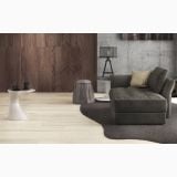Gresie Imitatie Lemn St Regis SR 9 Noce 20x120 cm – ambient living, living modern cu canapea gri si perete lemn, pe pardoseala