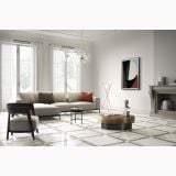 Gresie Statuario Lux Mat 60x120 cm – ambient living, living elegant cu pardoseala marmorata alba si canapea gri