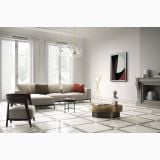Gresie Statuario Lux Mat 60x120 cm – ambient living, living elegant cu pardoseala marmorata alba si canapea gri