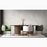 Lastra Gresie iTiles StoneForm Bianco 120x278 cm – ambient living, living cu masa design, scaune verzi si perete gresie