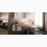Lavoar Oval Strada II Ideal Standard 60x40 cm Fara Preaplin – ambient baie, baie moderna cu lavoar oval pe blat lemn, perete roz