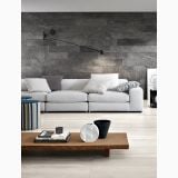 Gresie Stone Mix Striato White 45x90 cm – ambient living, living modern cu canapea gri si perete piatra, pe pardoseala